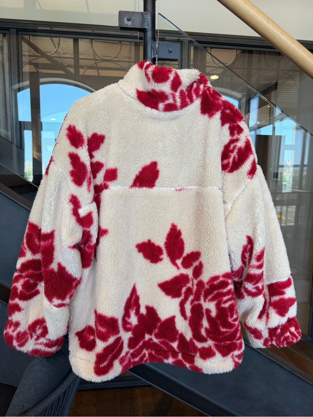 Urban Outfitters Cream Sherpa Teddy Jacket with Red Floral - Picture 4 of 7
